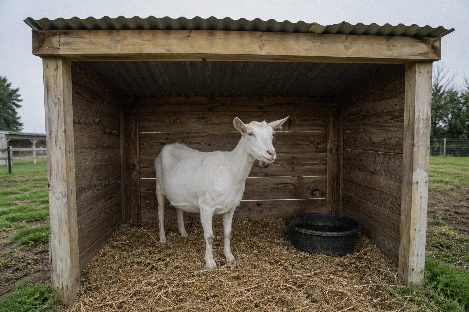 A goat standing under a three-sided run-in shelter in a grassy paddock