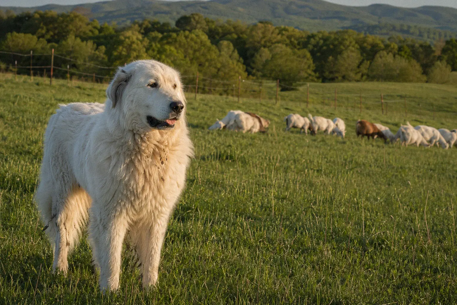 A livestock guardian dog standing watch over a herd of goats in a pasture