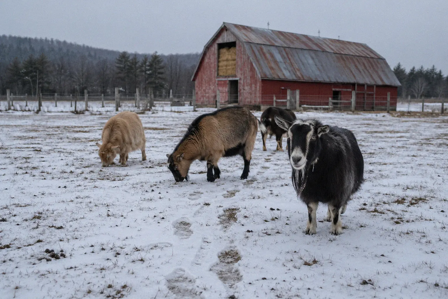 Goats grazing in a winter pasture with a dusting of snow on a nearby barn