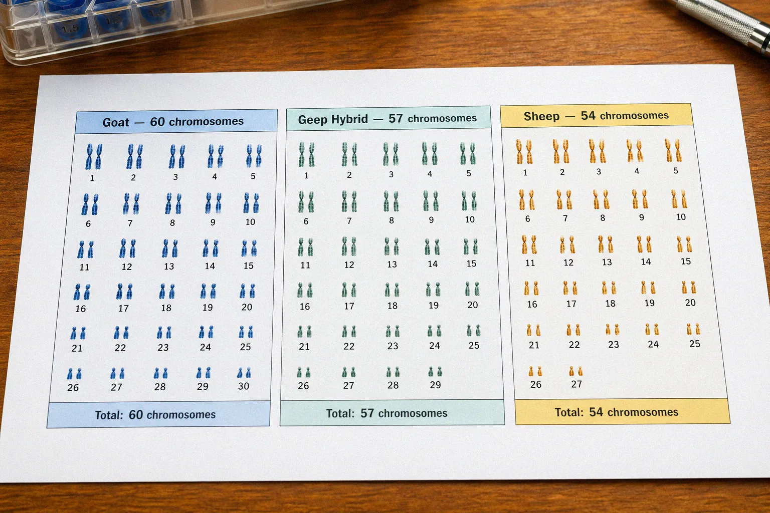 Scientific diagram comparing chromosome counts showing goats with 60, sheep with 54, and geep hybrids with 57 chromosomes