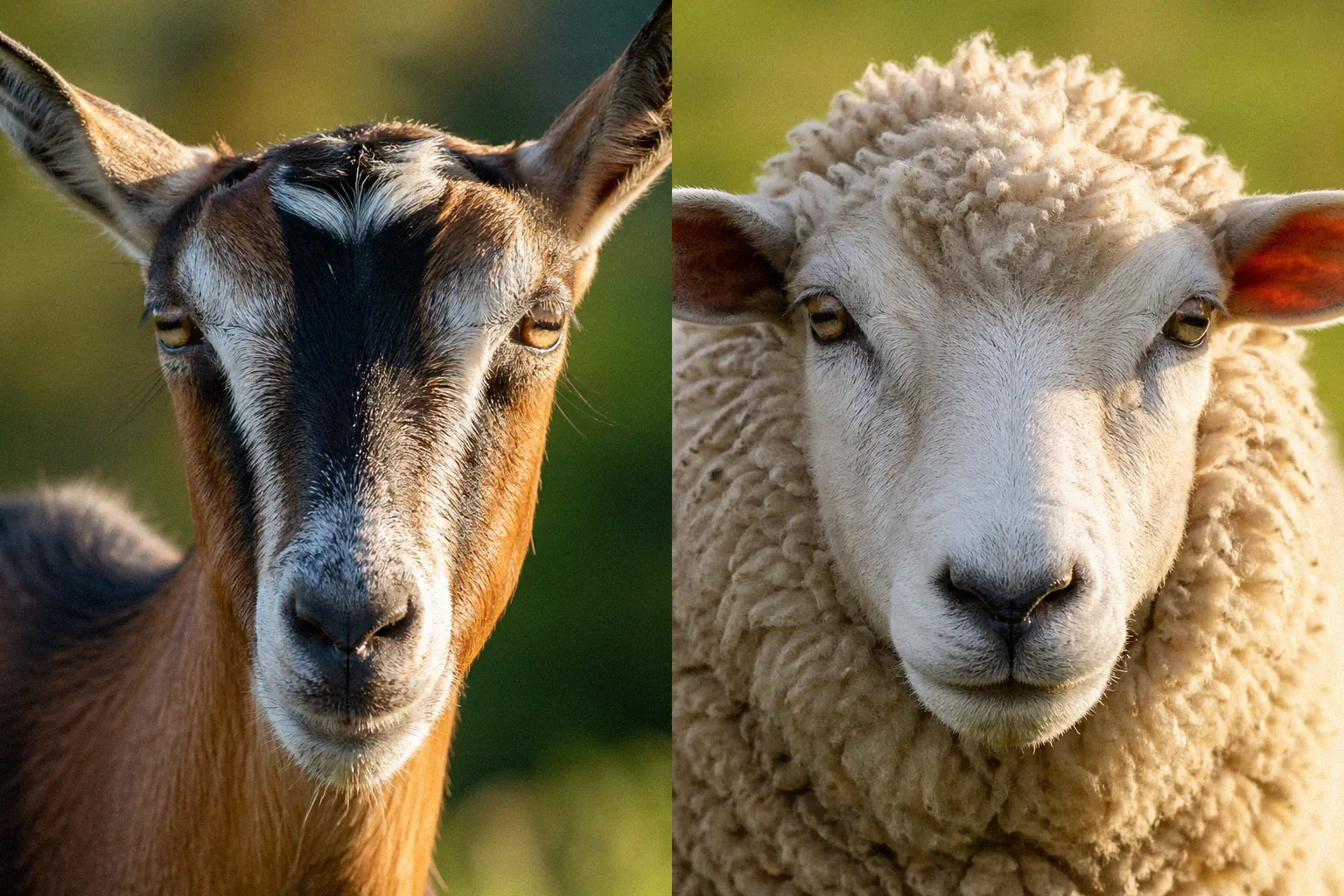 Close-up comparison of goat and sheep facial features side by side showing differences in muzzle shape, pupil shape, and ear position