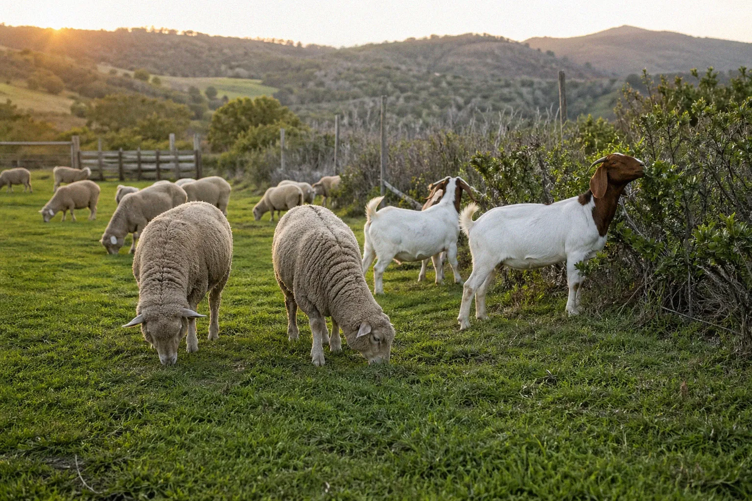A mixed flock of Boer goats and Merino sheep grazing together in a lush green pasture with rolling hills and wooden fencing in the background