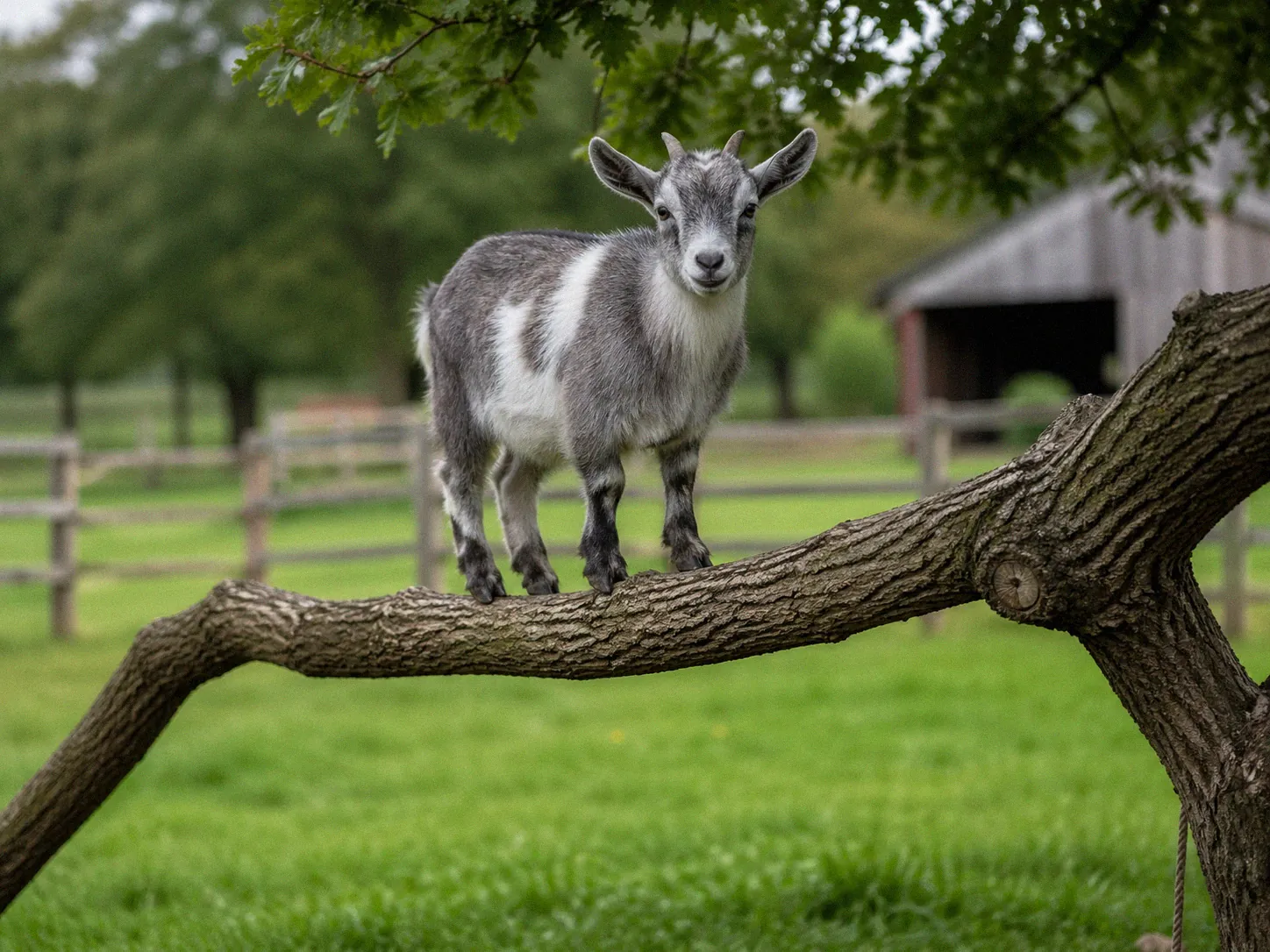 Small Pygmy goat balancing confidently on a thick tree branch while a larger goat watches from the ground below