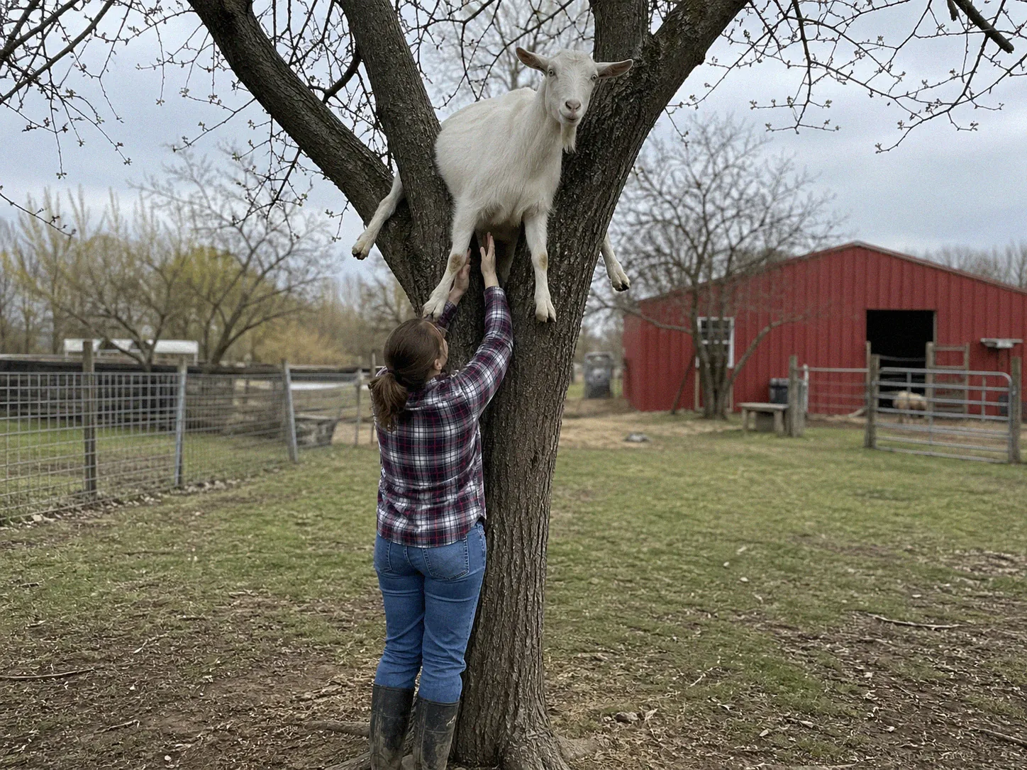 A goat stuck in the fork of a tree branch with an owner reaching up to assist the animal down