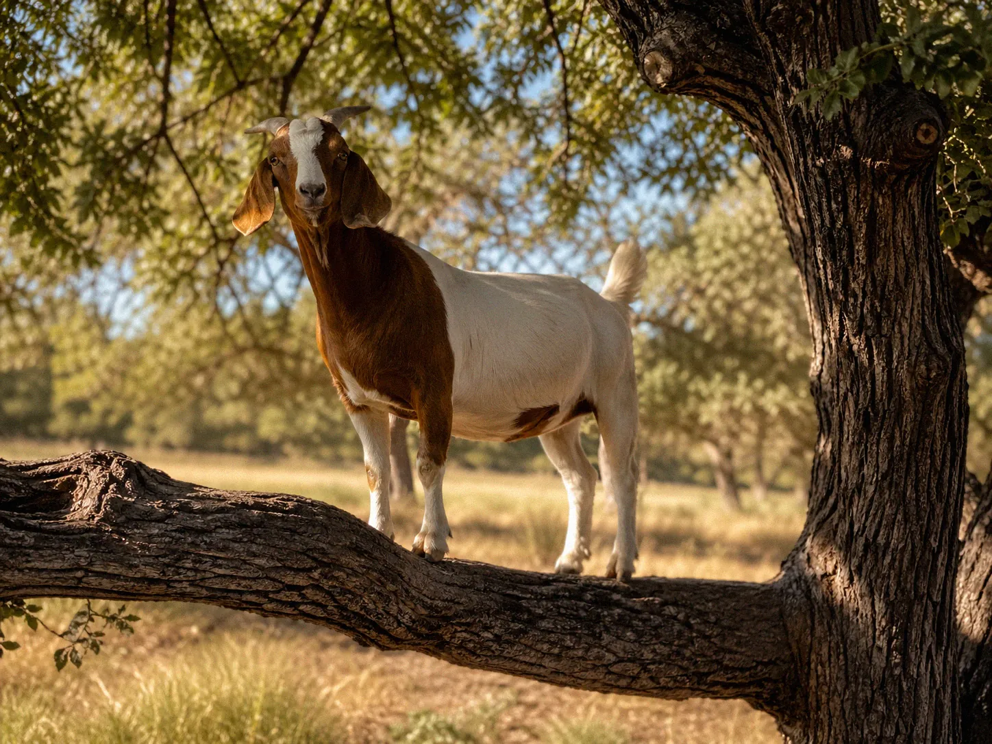 A goat standing in the branches of a tree with leaves visible in the background