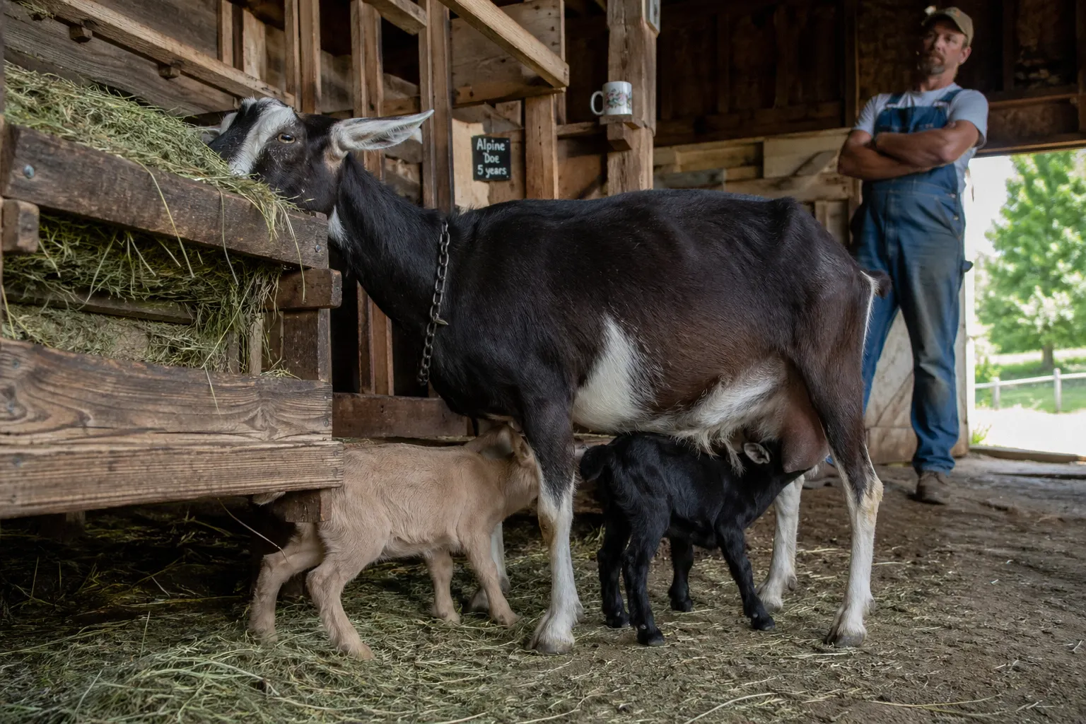 Doe in a stanchion with a grafted kid nursing alongside her own kid
