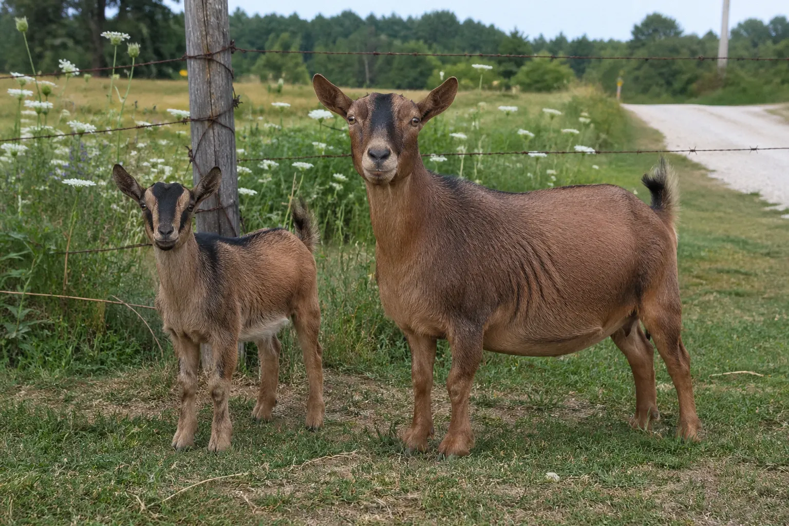 Healthy yearling goat standing next to a younger kid from a quad litter