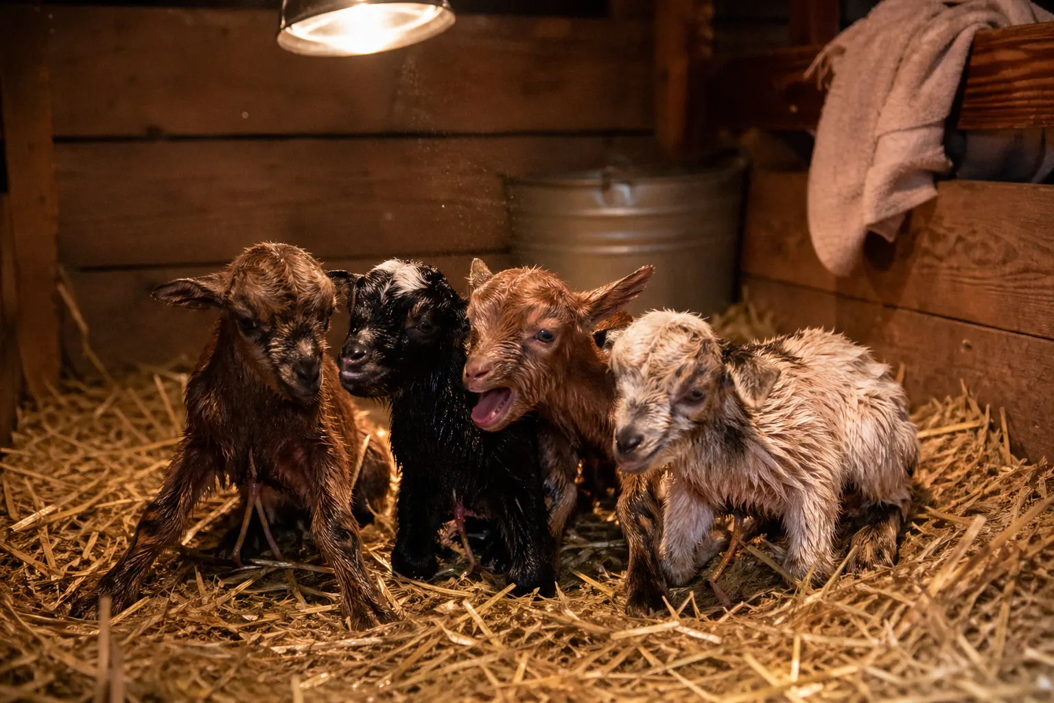 Four newborn Nigerian Dwarf kids huddled together in a straw-lined pen