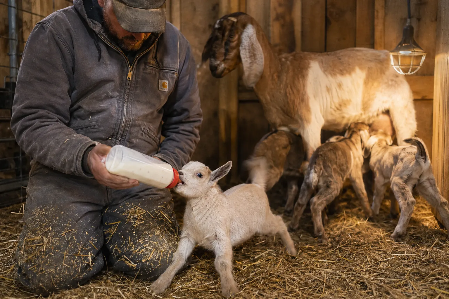 Owner offering a bottle to a small kid while its siblings nurse from the doe