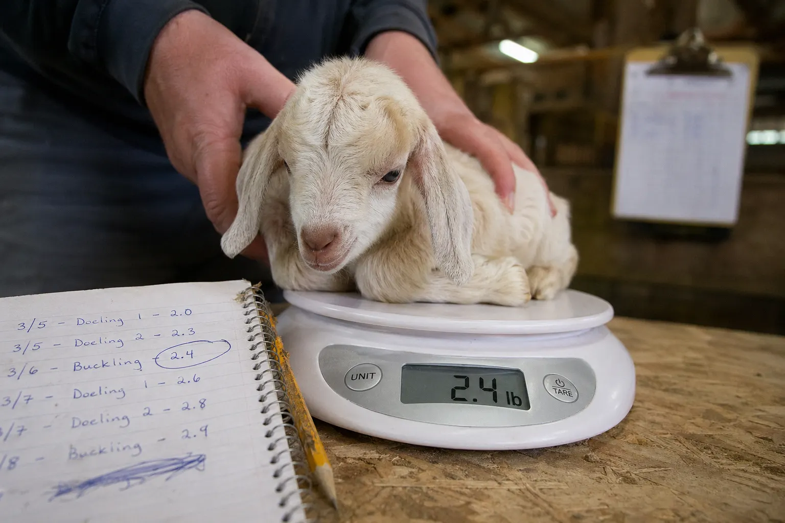 Person weighing a Nigerian Dwarf kid on a digital kitchen scale