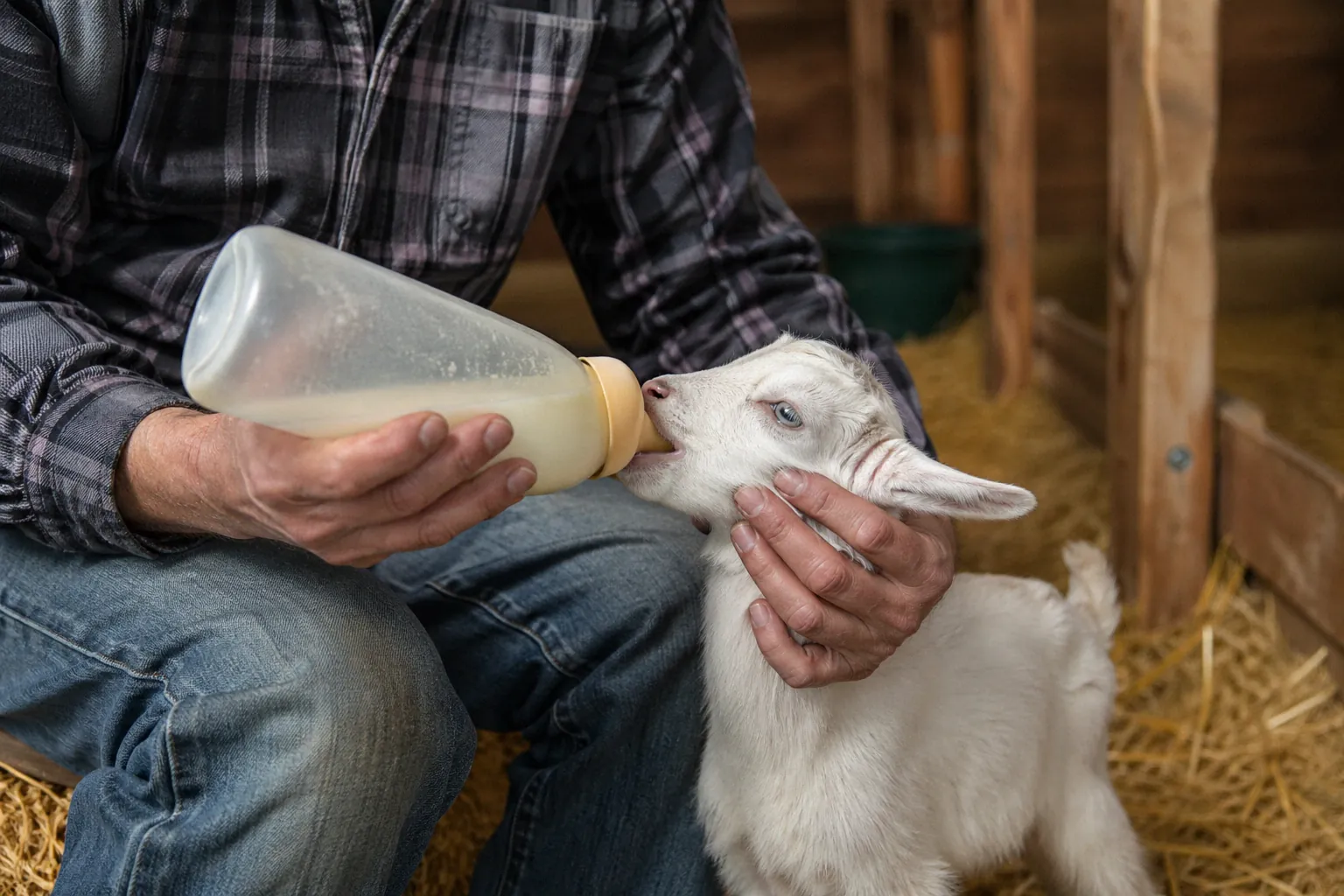 A young goat kid being bottle-fed during recovery from sore mouth