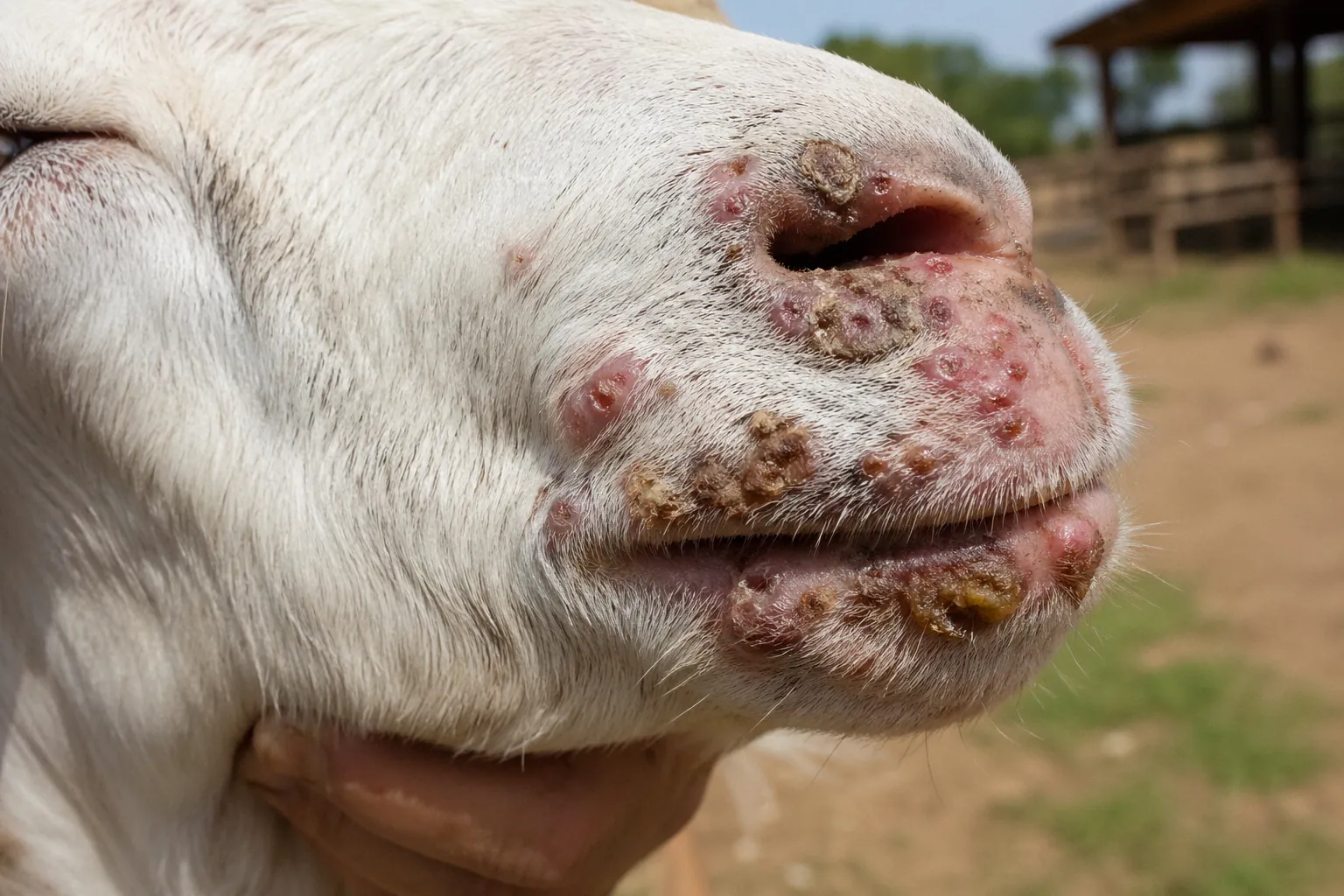 Typical orf lesion progression on a goat's muzzle showing papule, blister, and scab stages