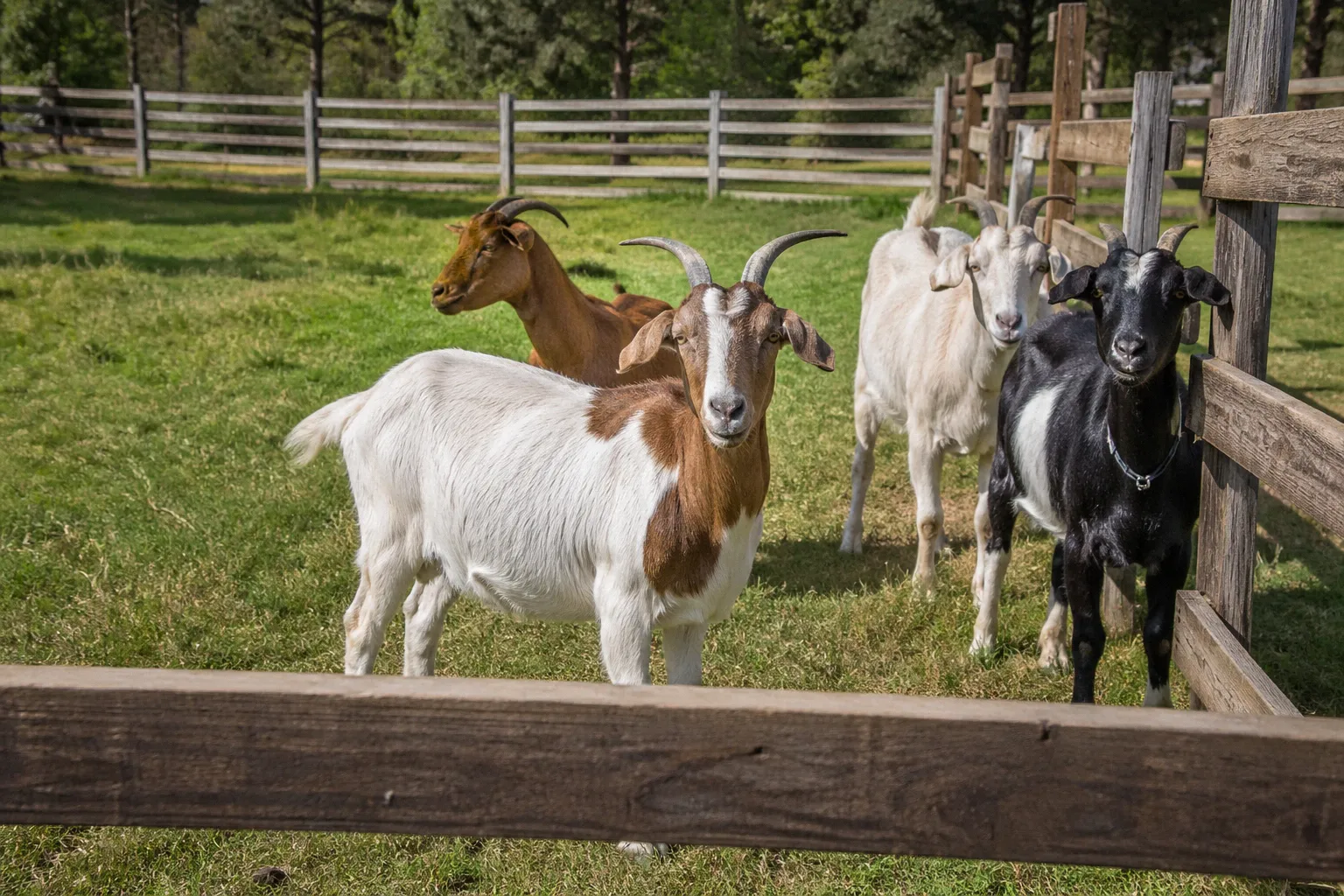 Goats in a well-fenced pasture with sturdy wooden structures