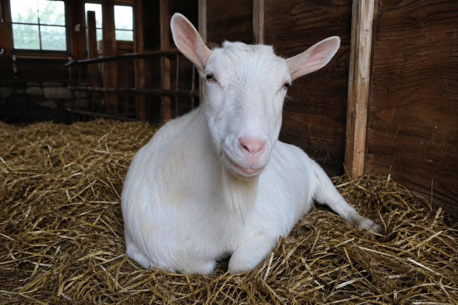 Goat resting in a dim barn stall with fresh bedding