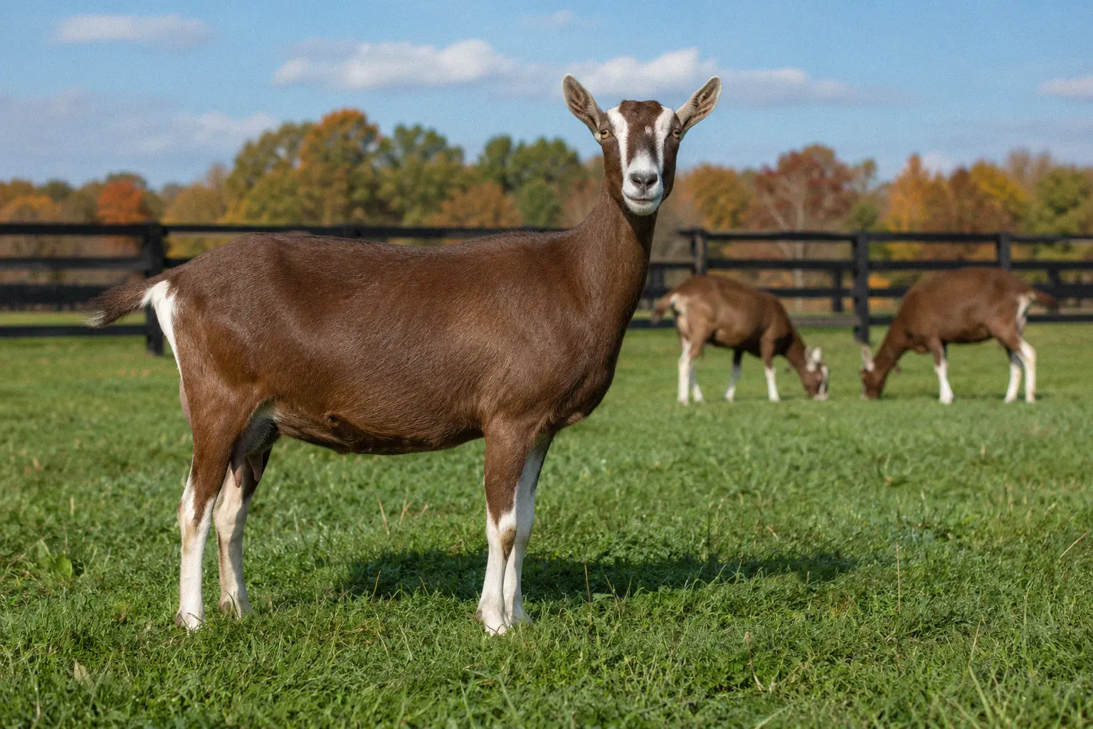 A healthy doe standing alert in a sunlit pasture during breeding season