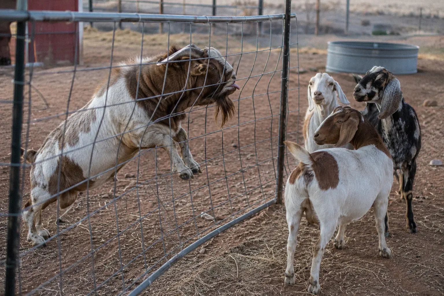 A buck pressing against a fence panel near a group of does