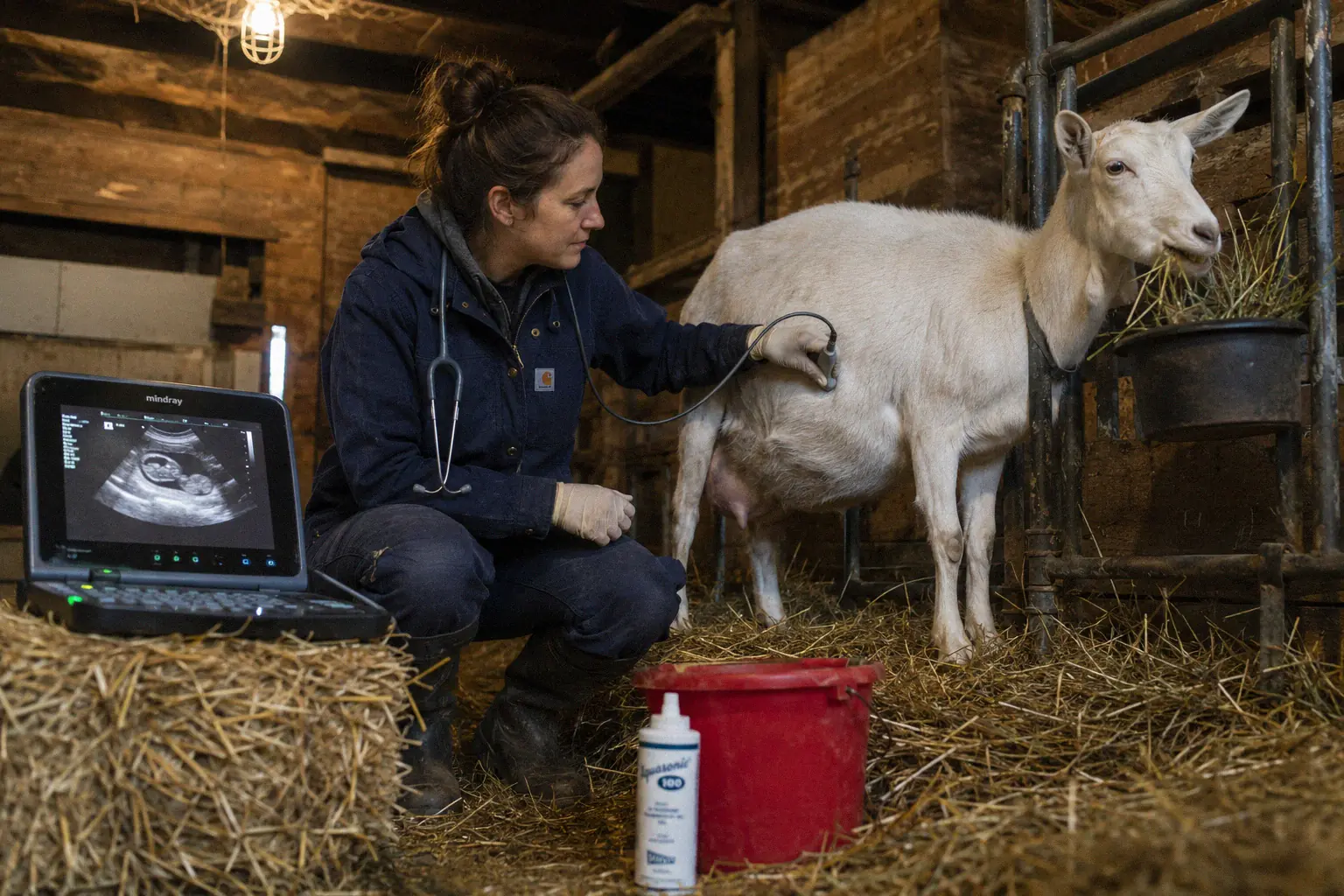 A veterinarian using a portable ultrasound on a pregnant doe
