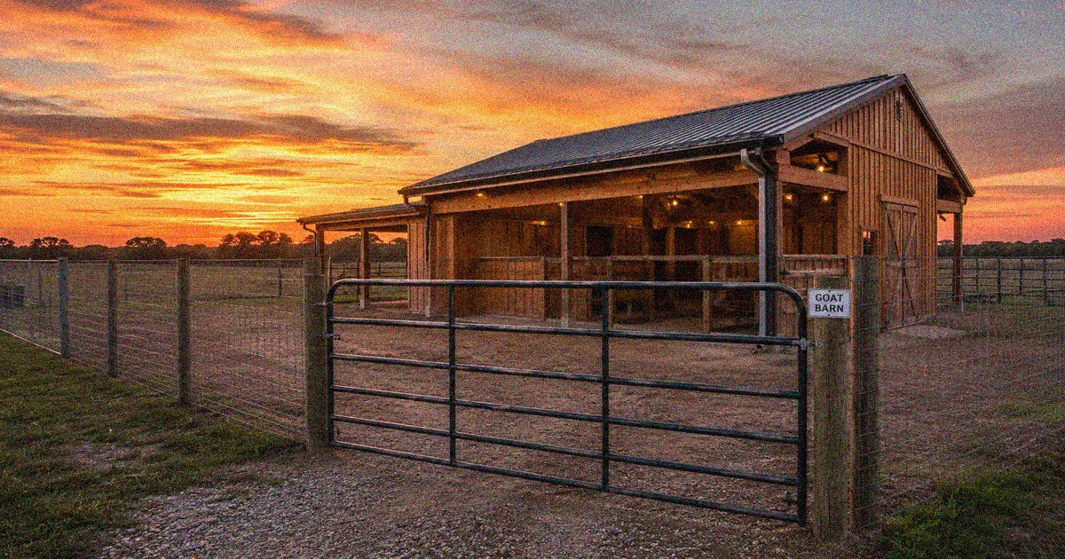 Well-secured goat barn with sturdy fencing at dusk