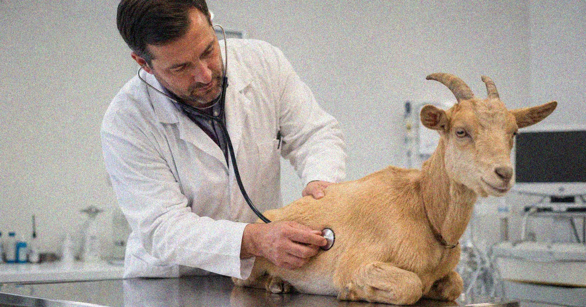 Veterinarian examining a goat in a clinical setting