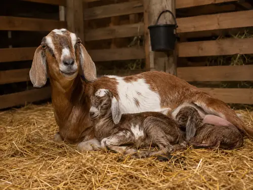 Doe goat with two newborn kids of visibly different sizes resting in a clean barn stall