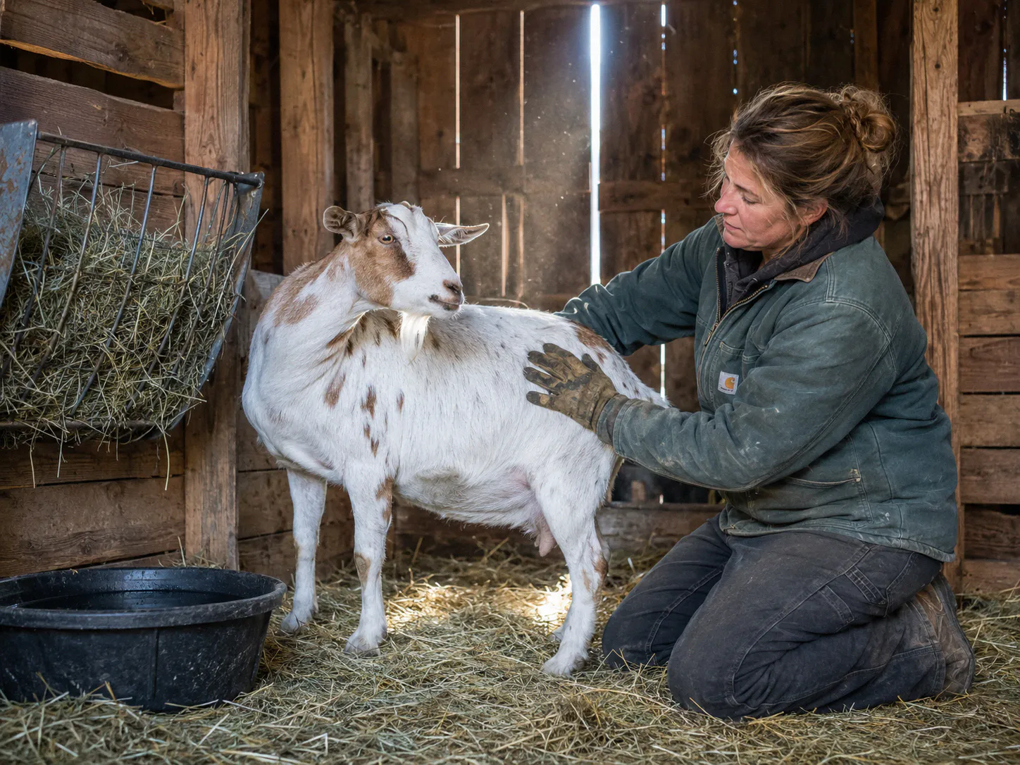 Goat owner gently checking a doe's abdomen in a barn kidding stall