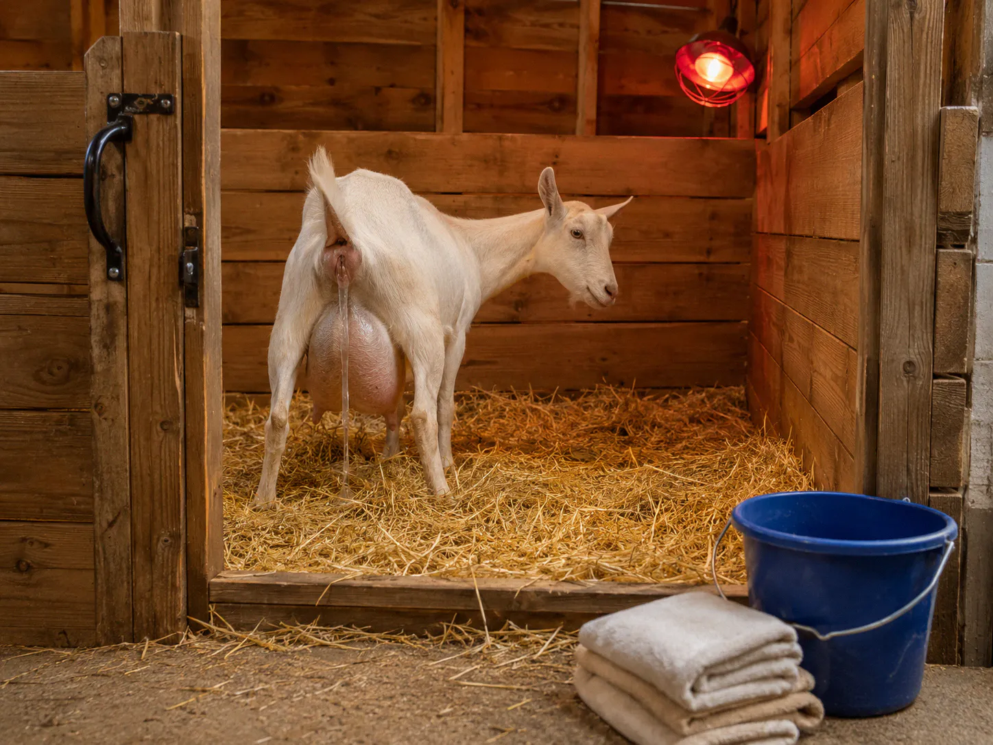 Doe goat in active labor on clean straw bedding in a barn kidding pen