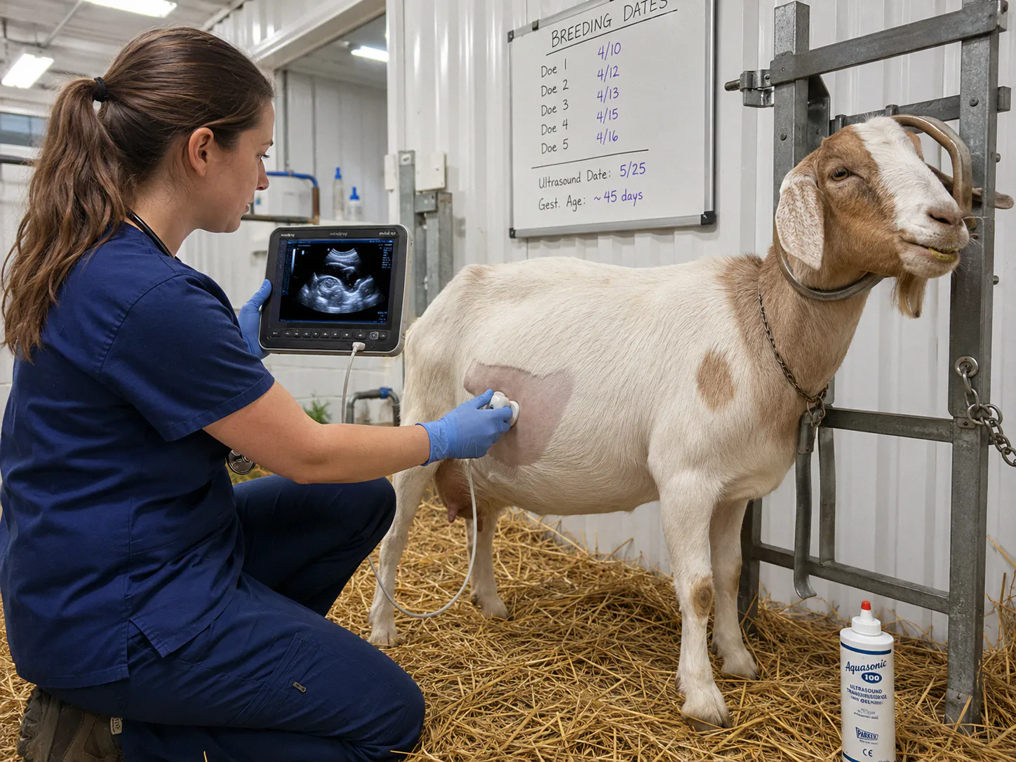 Veterinarian using a portable ultrasound on a pregnant doe goat in a barn