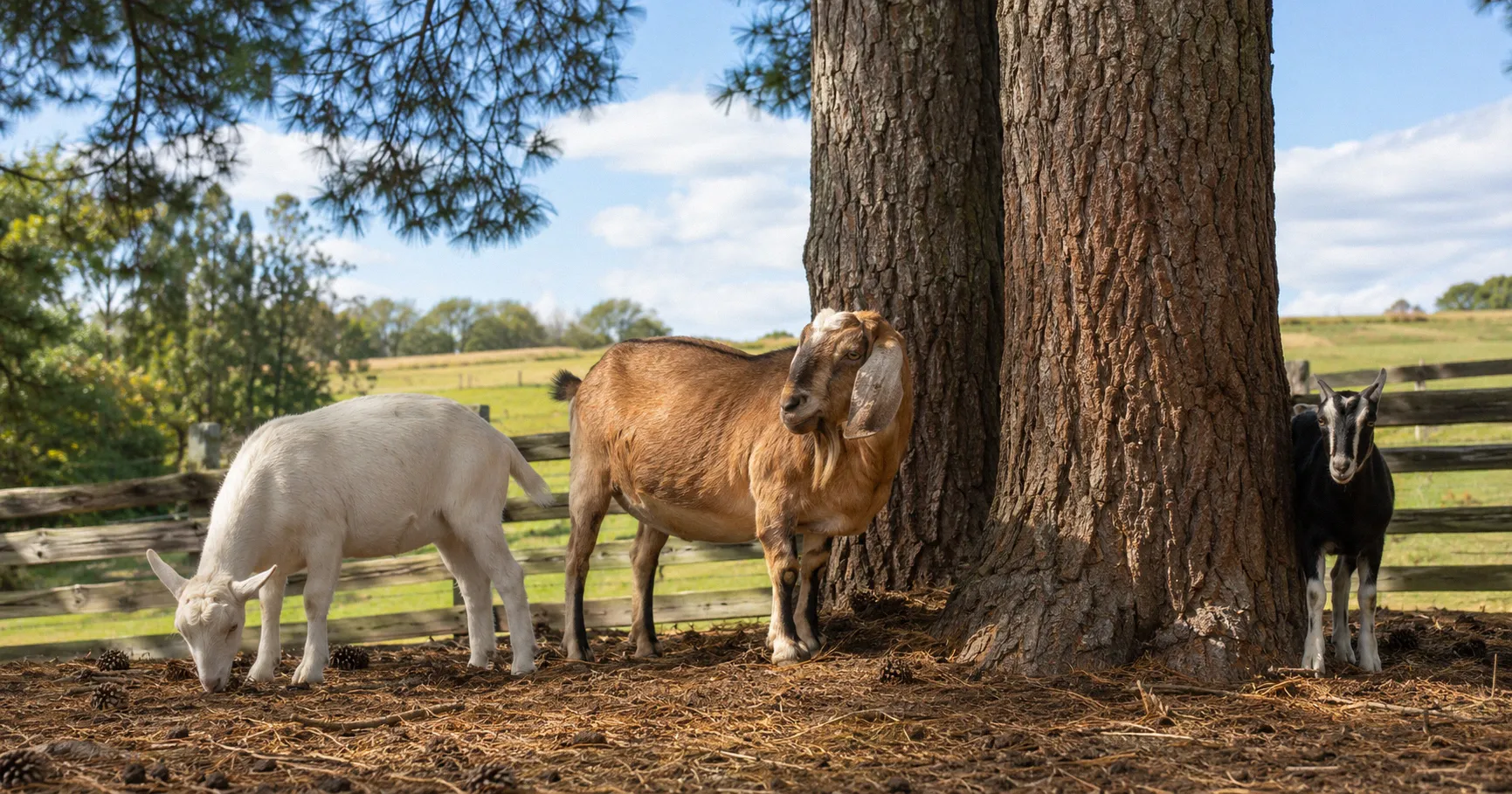 Goats browsing near pine trees inside a fenced pen