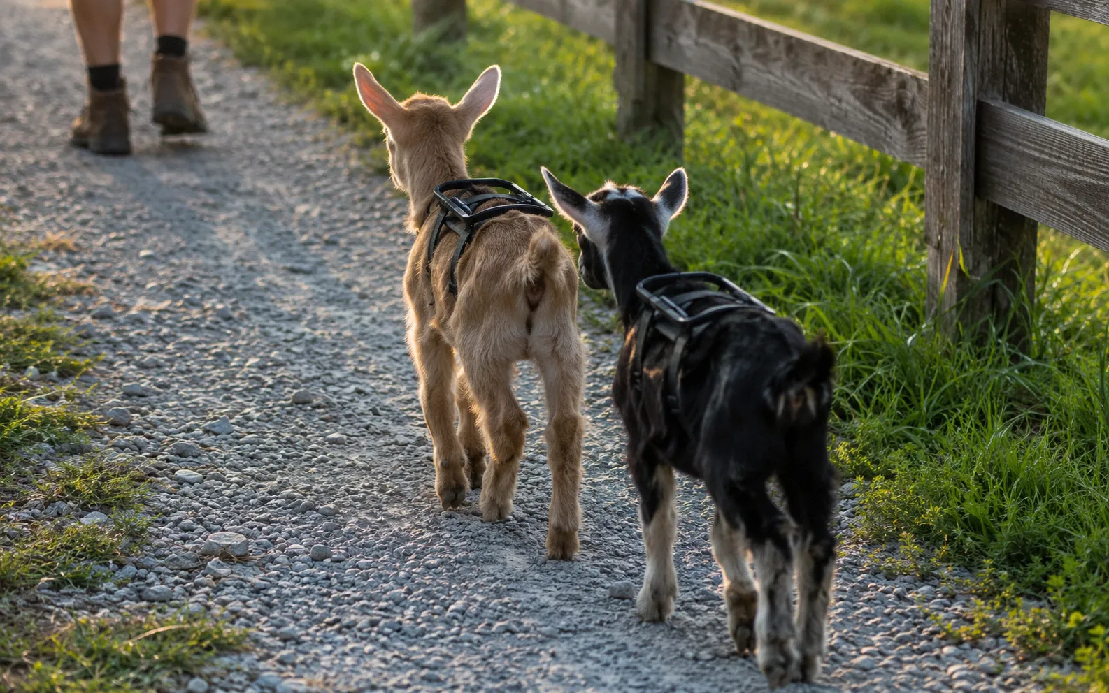Two young doelings with small training packs walking behind their owner on a gravel farm path