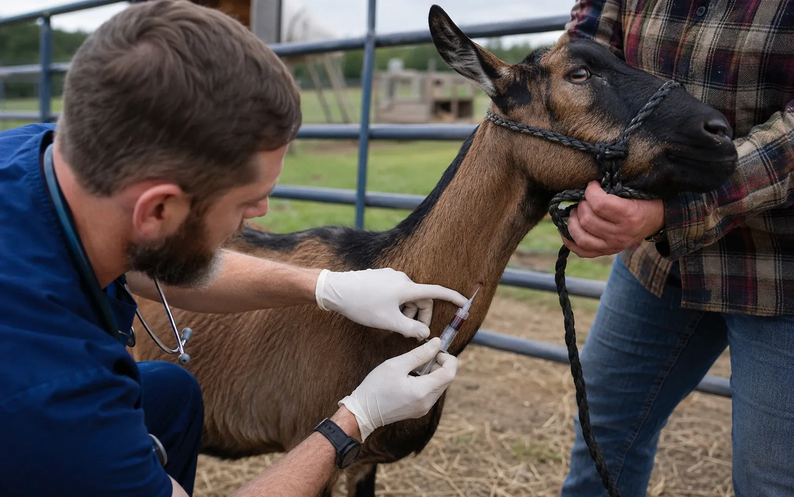 A veterinarian drawing blood from a calm Alpine doe for annual disease screening while the owner holds a lead rope