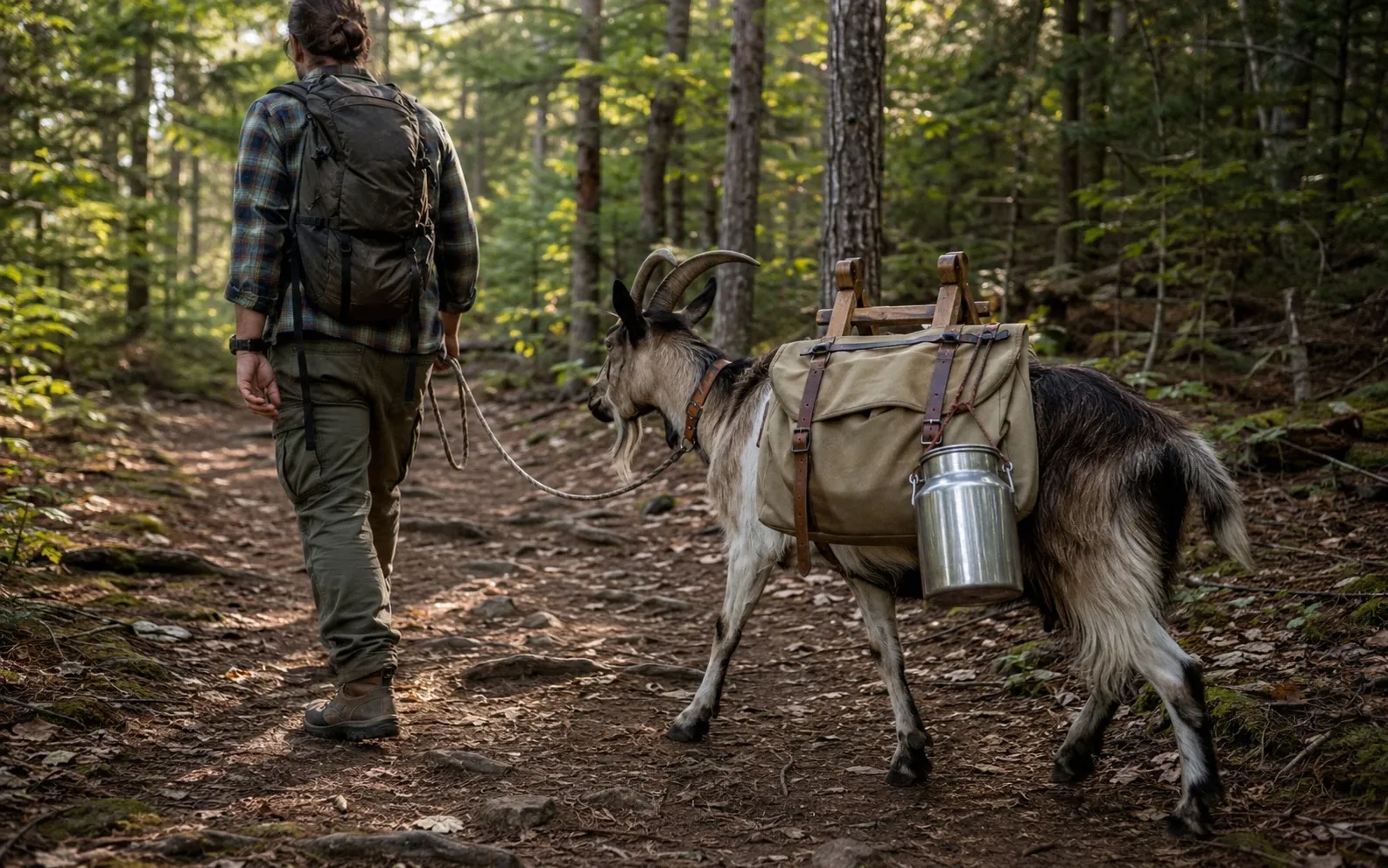 A homesteader leading a saddled Alpine goat along a wooded trail with a milking pail strapped to the pannier