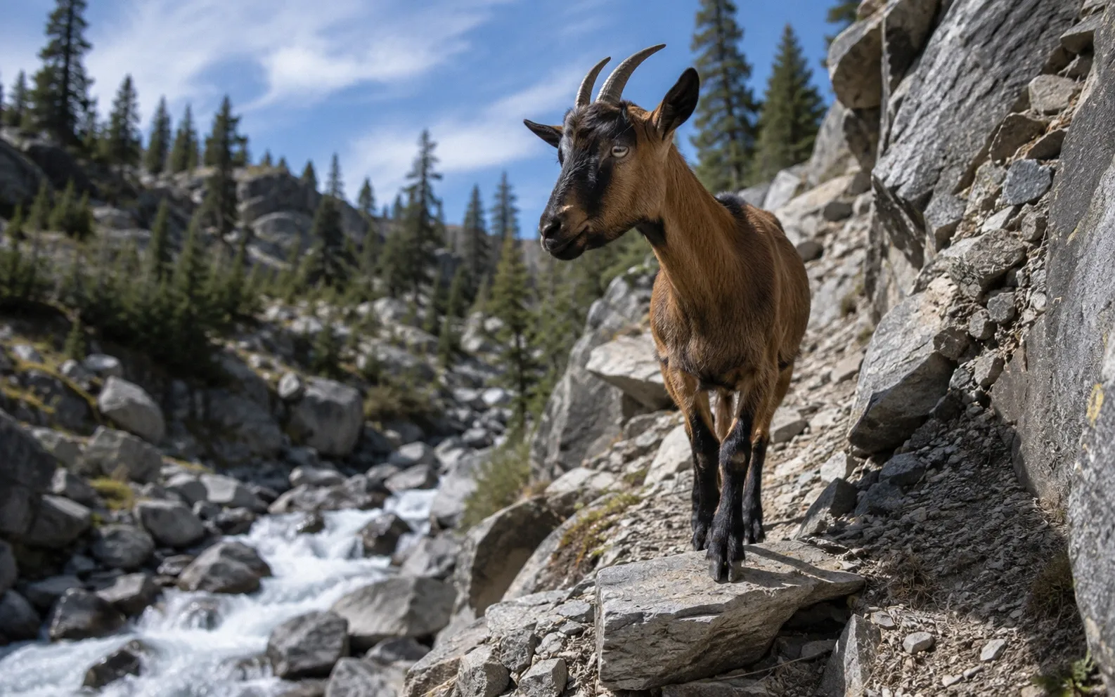 An Alpine goat with a russet-brown coat navigating a narrow rocky trail above a creek