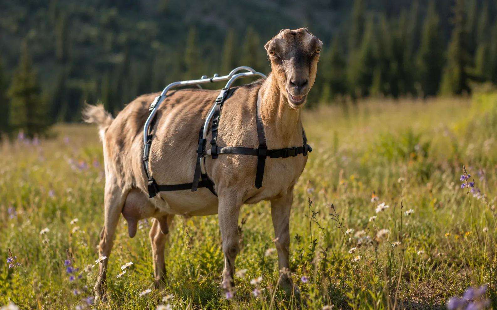 A calm LaMancha doe with distinctive short ears standing in a meadow wearing a fitted pack frame