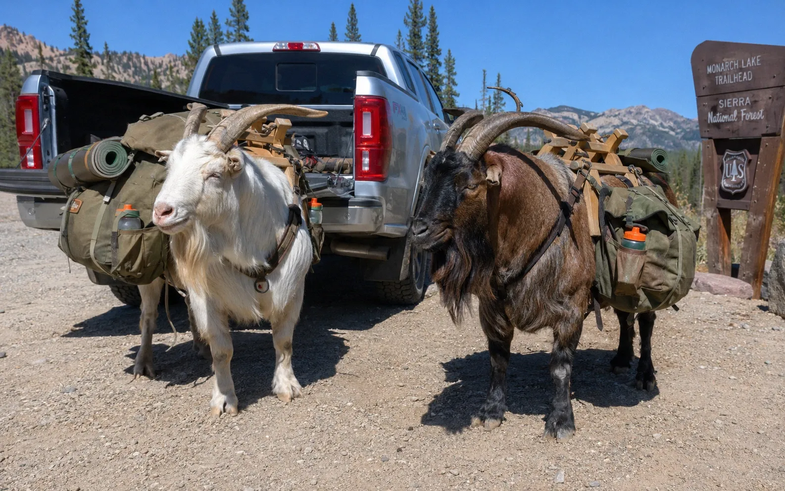 Two large wethers with full pack saddles and panniers standing at a mountain trailhead next to a pickup truck