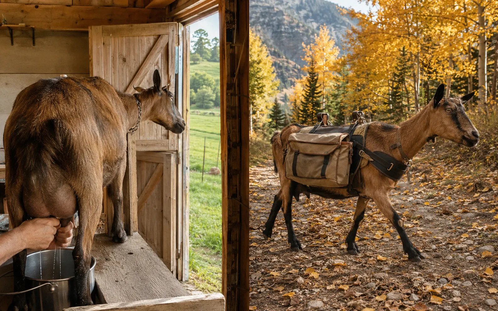 A seasonal calendar graphic showing milking months versus packing months for a dual-purpose goat herd