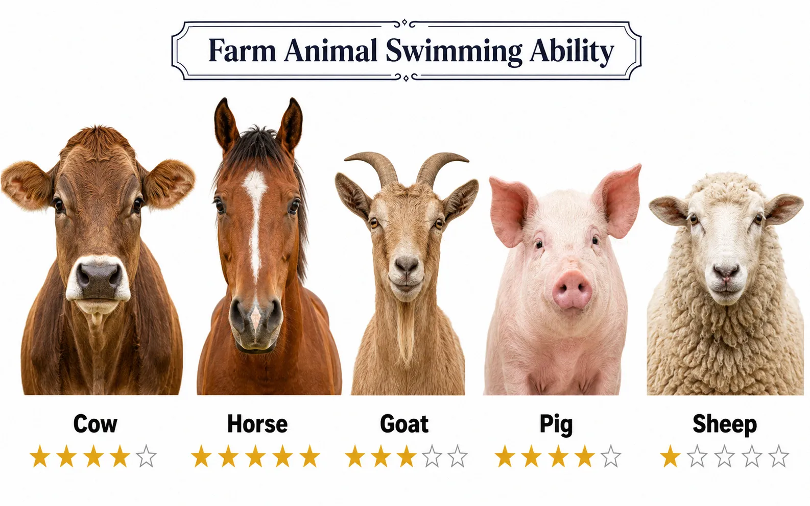 Side-by-side comparison illustration showing a cow, horse, goat, sheep, and pig with relative swimming ability ratings
