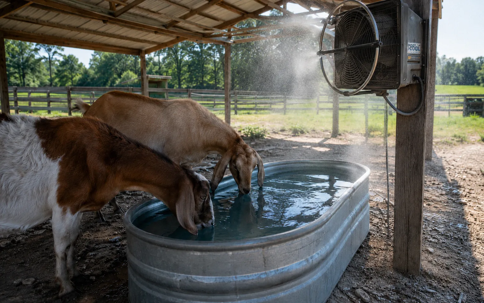 Goats drinking from a clean shaded water trough on a hot summer day with a misting fan visible in the background