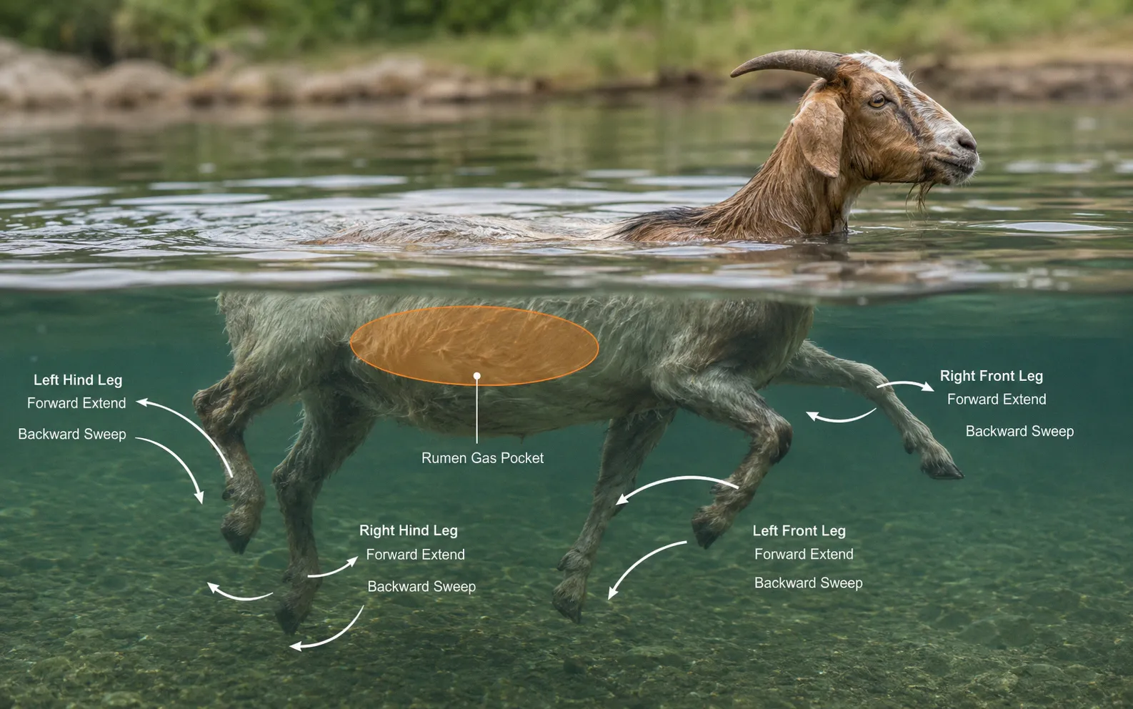 Diagram-style illustration showing a goat in water with arrows indicating leg movement direction and rumen gas pocket location