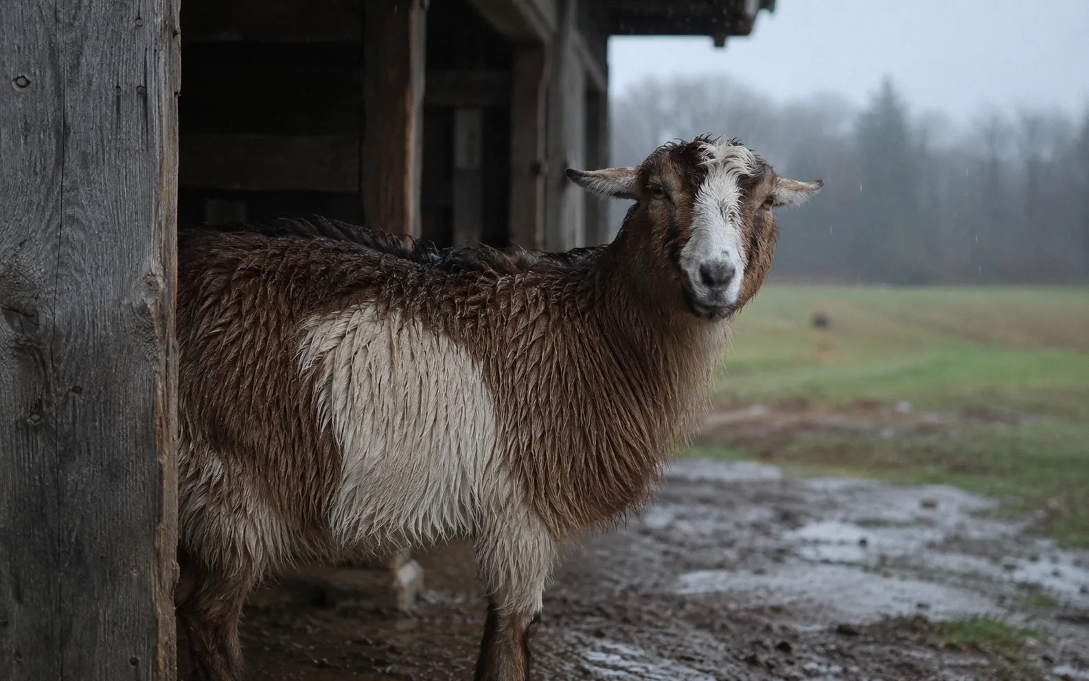 A goat with visibly damp and matted fur standing under a barn overhang after a rainstorm