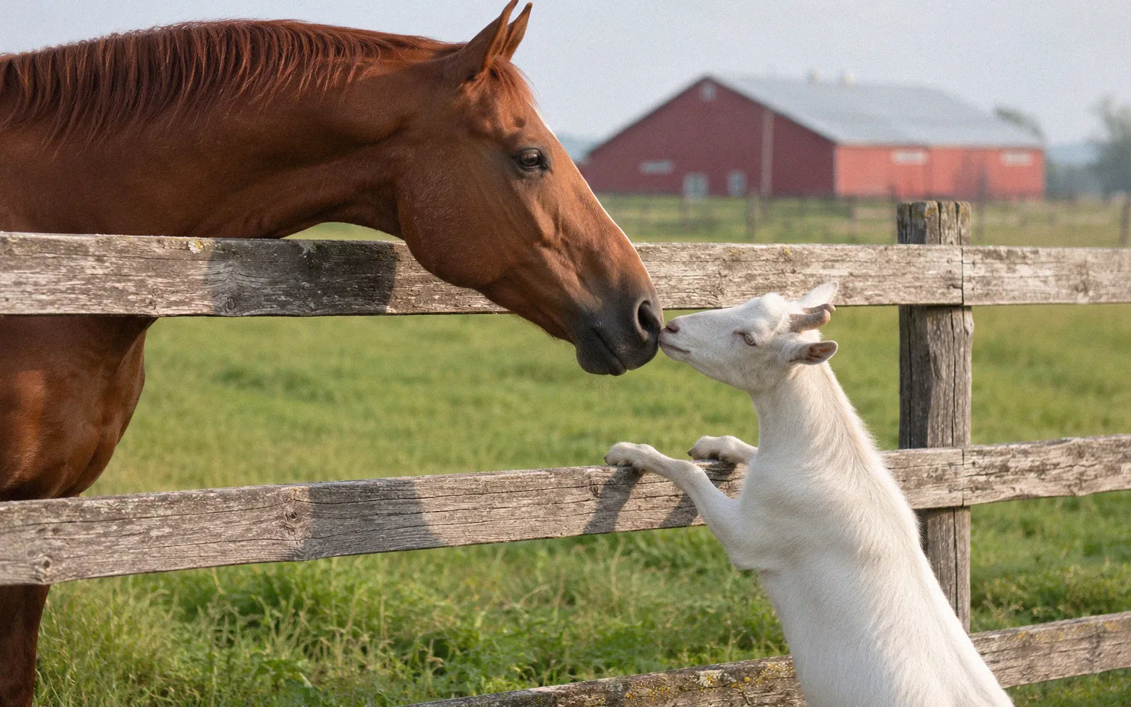 A horse and white goat greeting each other over a wooden paddock fence with a red barn in the background