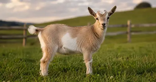 A young Nigerian Dwarf doeling in a pasture at about 4 months old