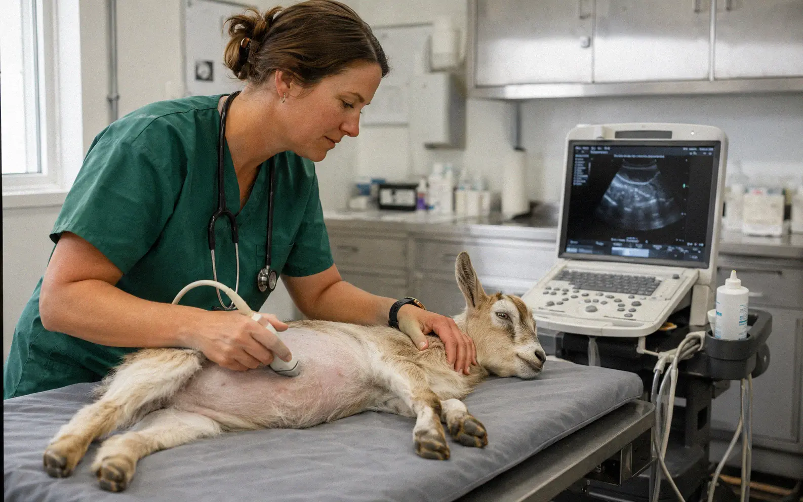 A goat owner checking body condition score by feeling along the spine and ribs of a Nigerian Dwarf doeling