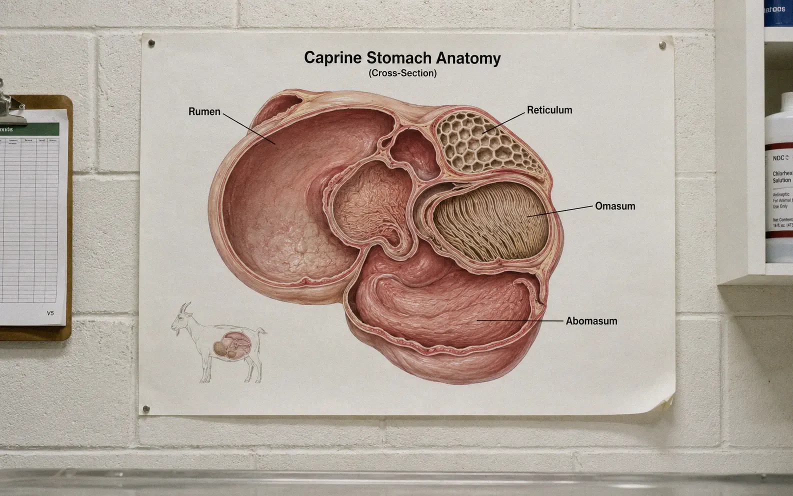 Veterinary anatomical poster on a clinic wall showing a labeled cross-section of a goat's four stomach chambers: rumen, reticulum, omasum, and abomasum