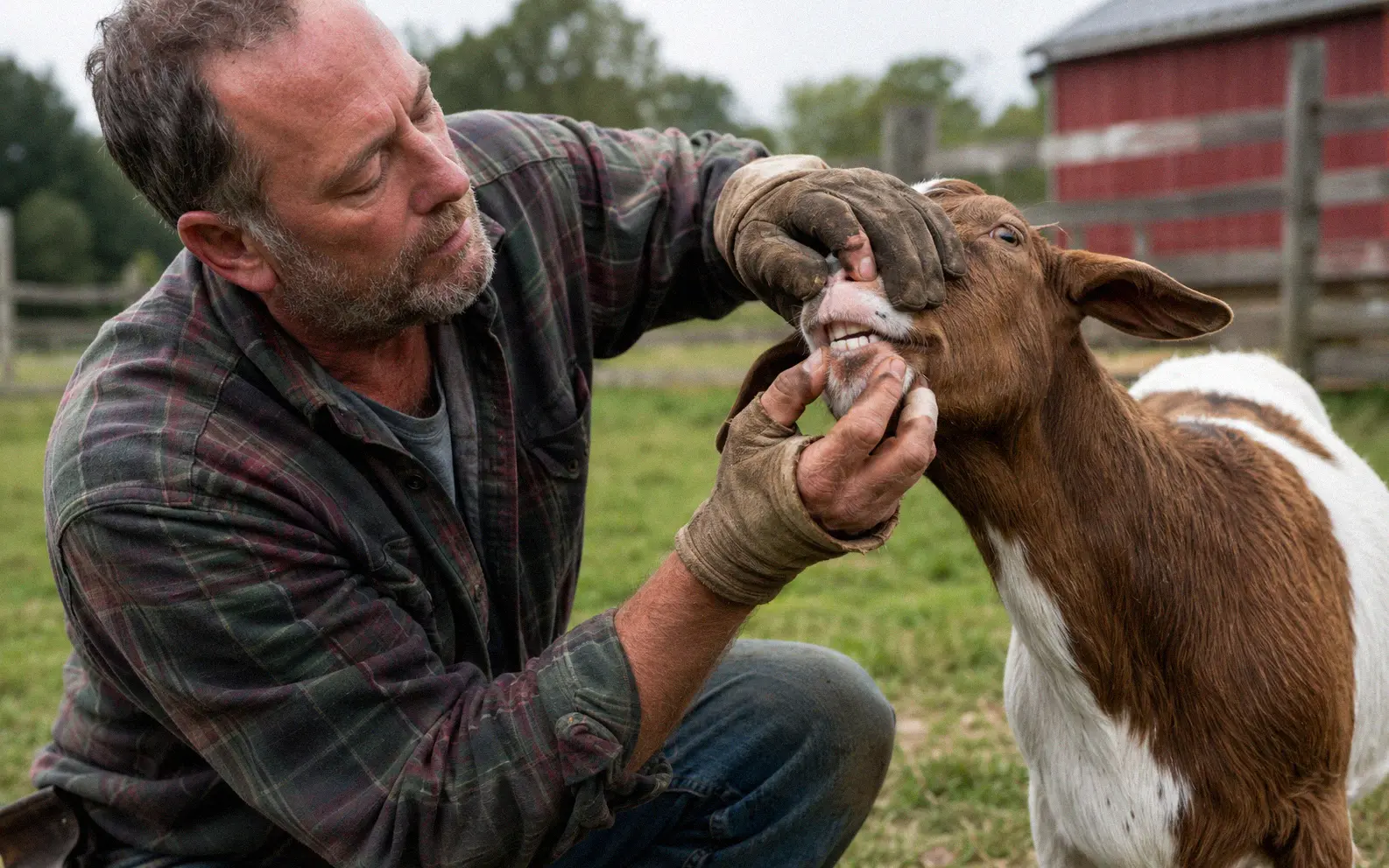 Farmer kneeling in a paddock and gently holding a goat's jaw open to inspect its mouth for plastic fragments