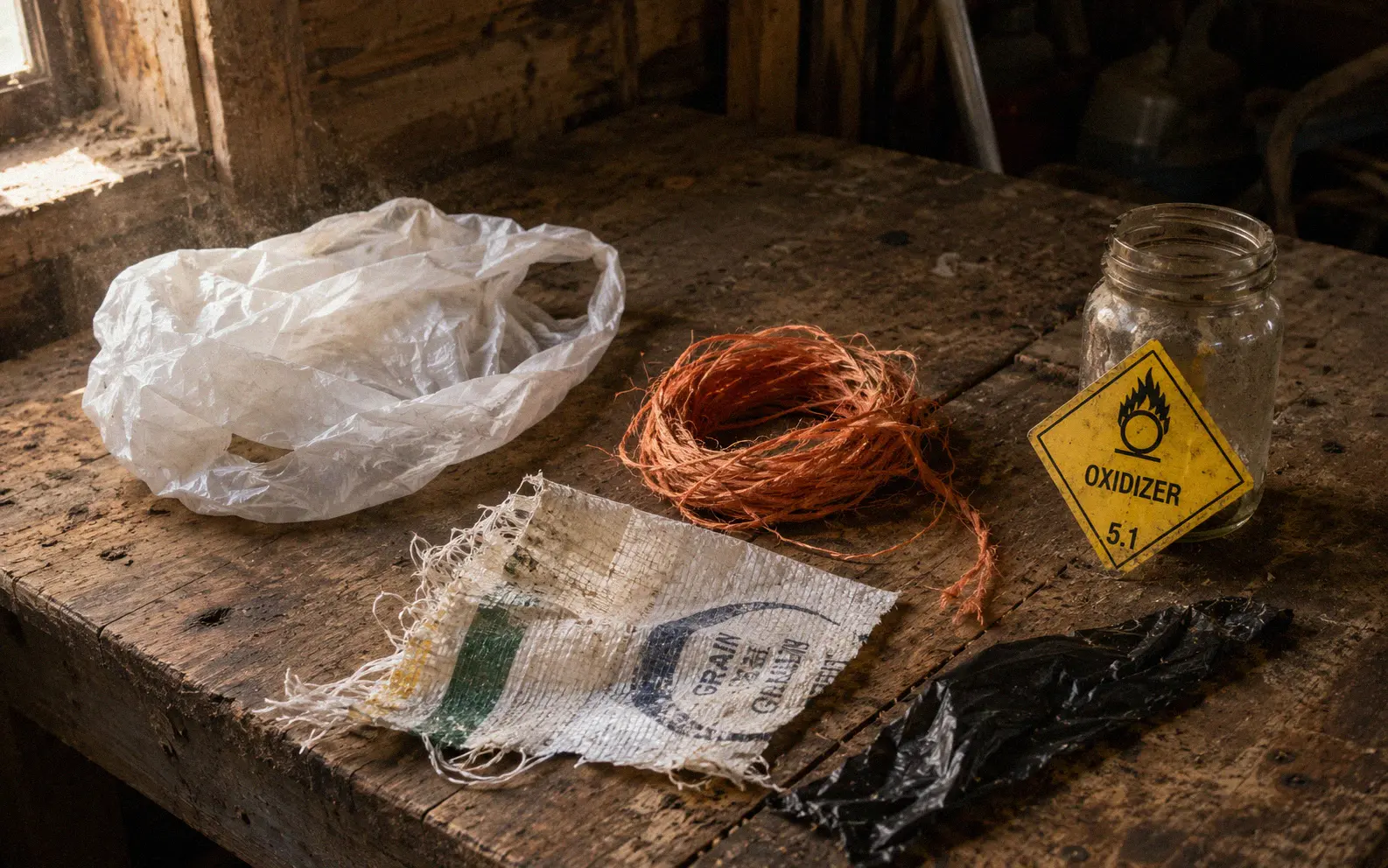 Rustic farm workbench with common plastic hazards: grocery bag, baling twine, torn feed sack, and silage wrap next to a chemical hazard placard