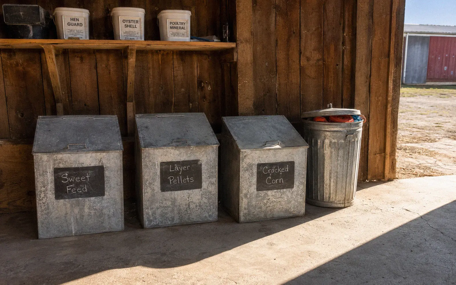 Well-organized farm barn corner with galvanized metal feed bins and a lidded garbage can holding properly disposed baling twine