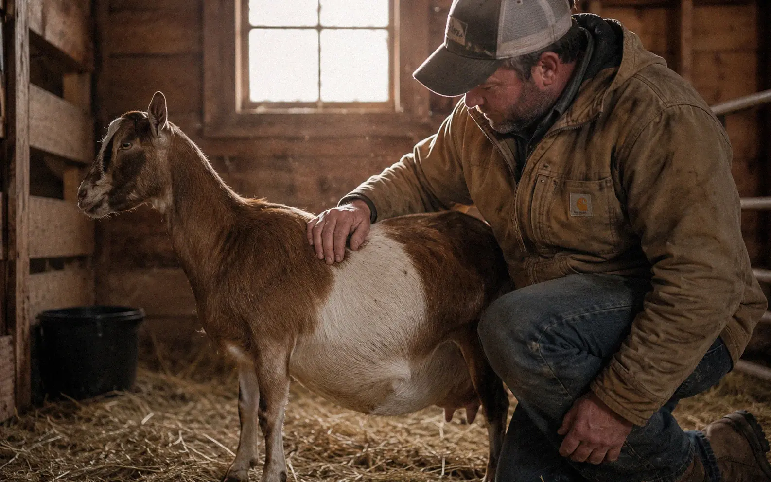 Goat owner checking on a pregnant doe in a clean barn stall