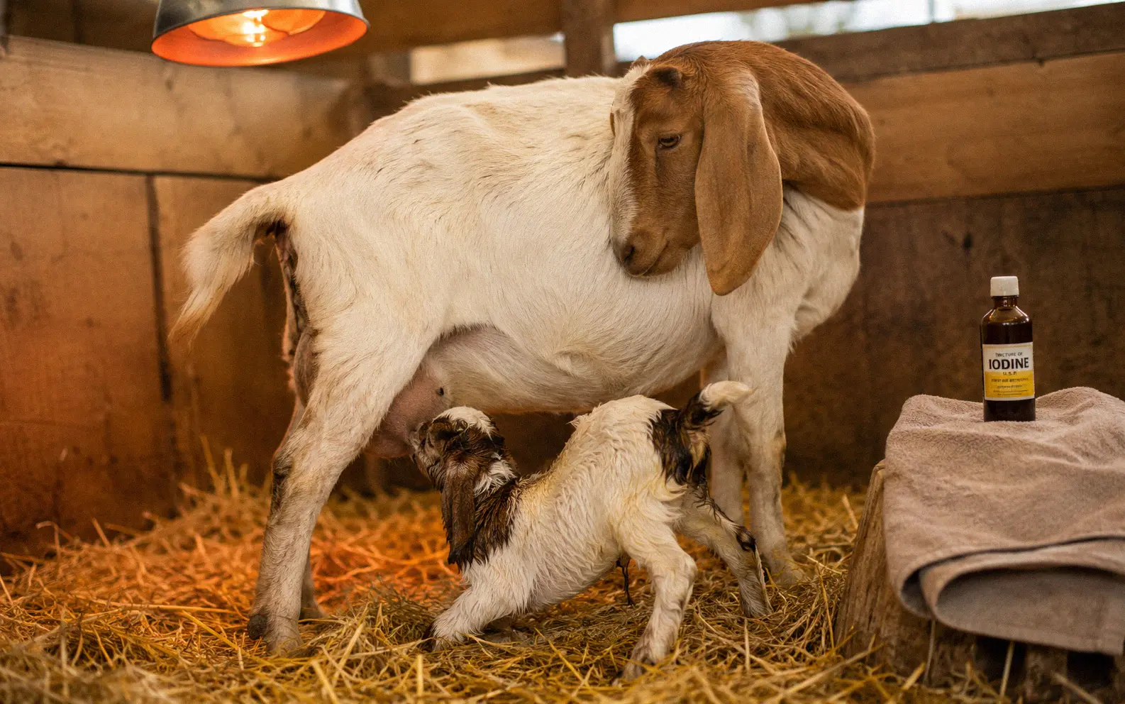 Newborn kid nursing colostrum from a treated doe