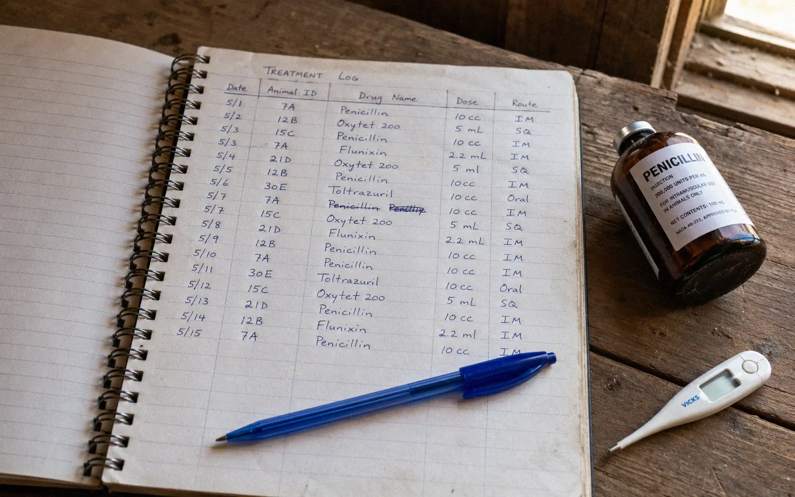 Farm record book with treatment log entries for goat medications