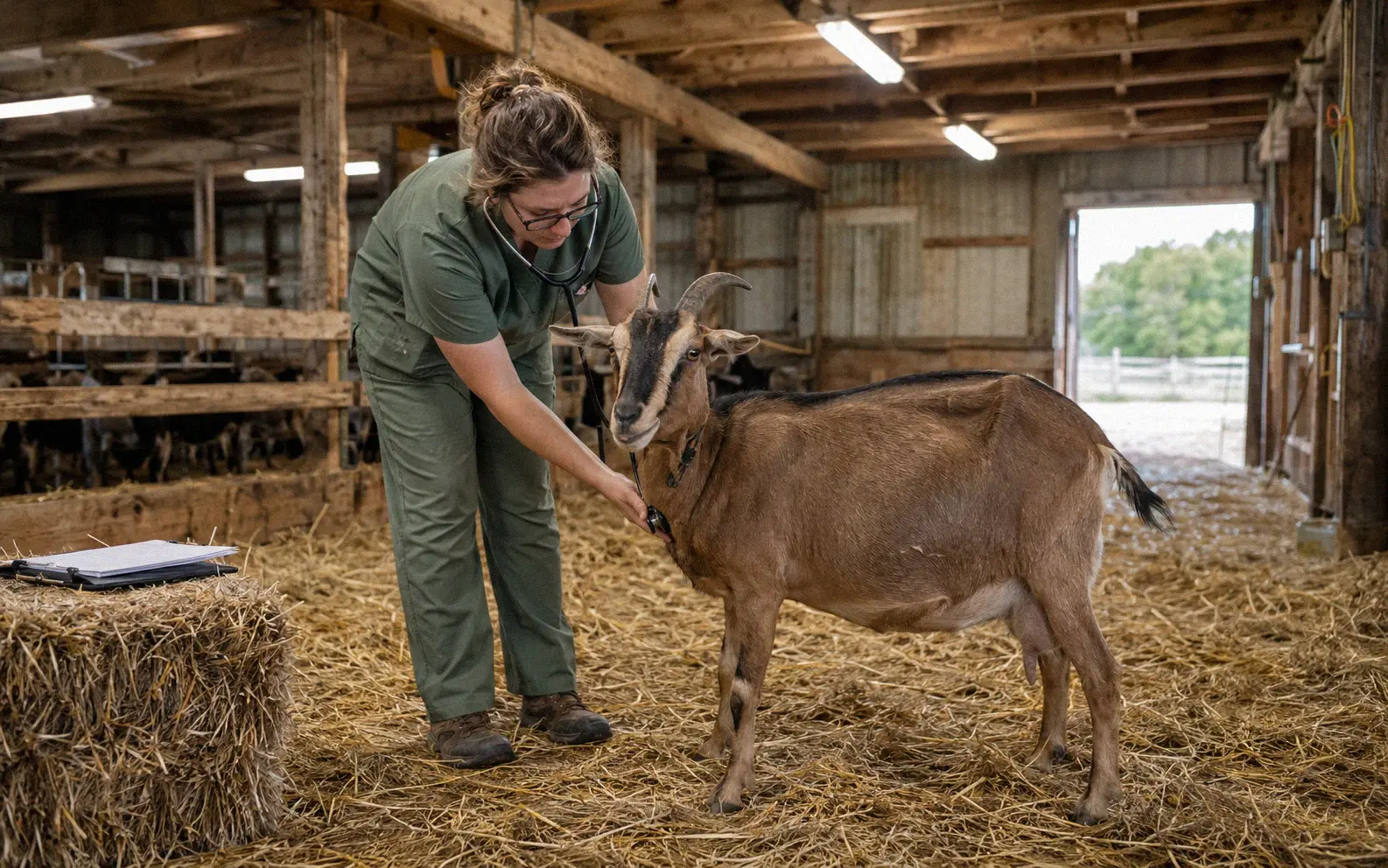 Veterinarian examining a pregnant goat for respiratory infection